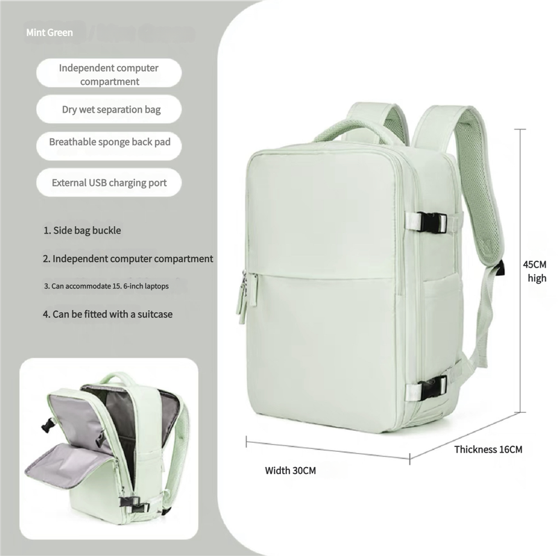 Water-Resistant Laptop Backpack with USB Charging Port and Wet-Dry Separation mint green