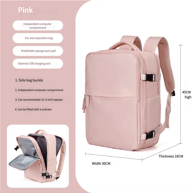 Water-Resistant Laptop Backpack with USB Charging Port and Wet-Dry Separation Pink