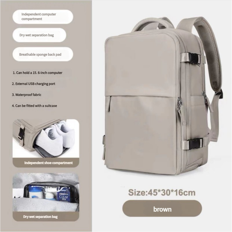 Water-Resistant Laptop Backpack with USB Charging Port and Wet-Dry Separation Brown