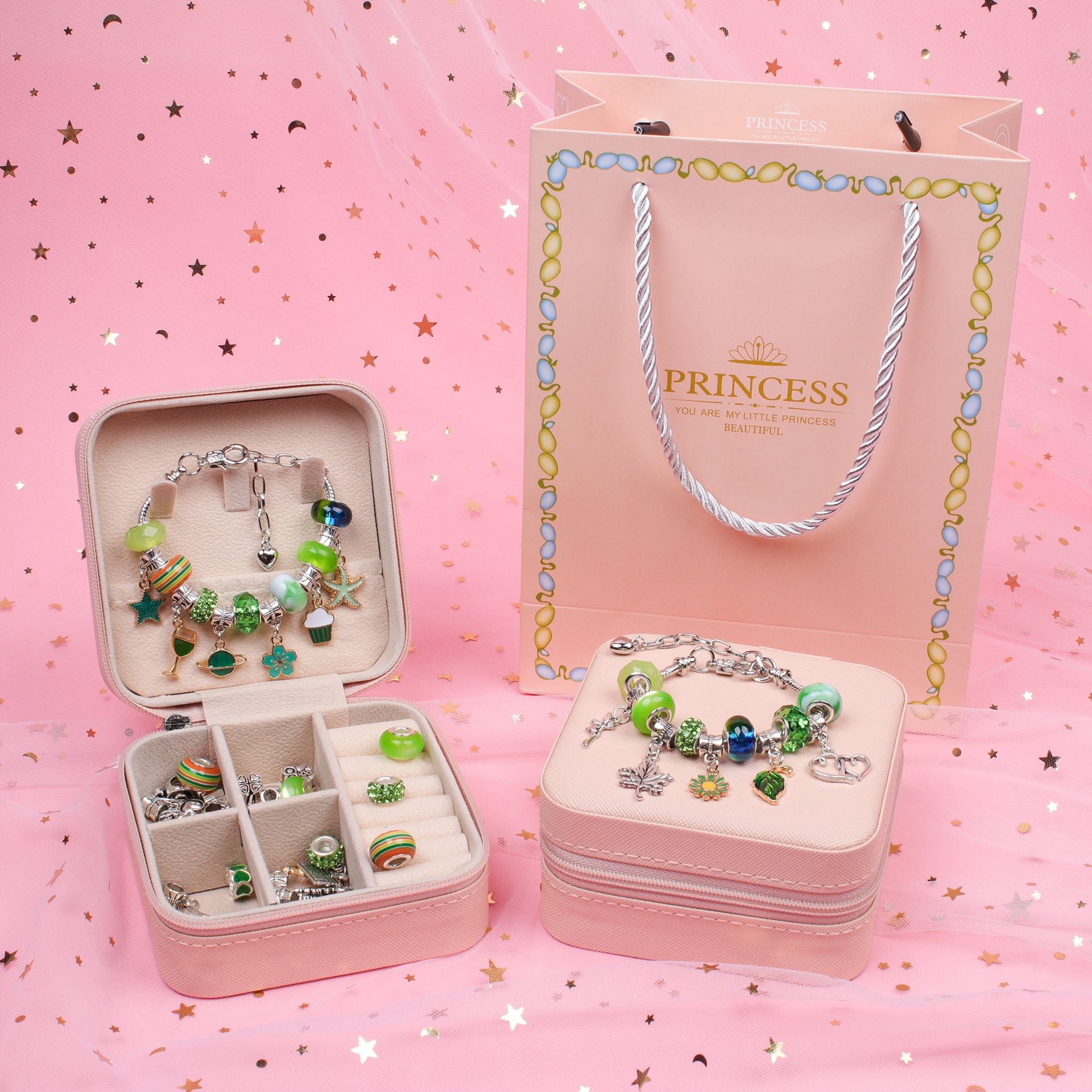 DIY Charm Bracelet Making Kit - Colorful Beads and Charms Set with Storage Box 66PCS
