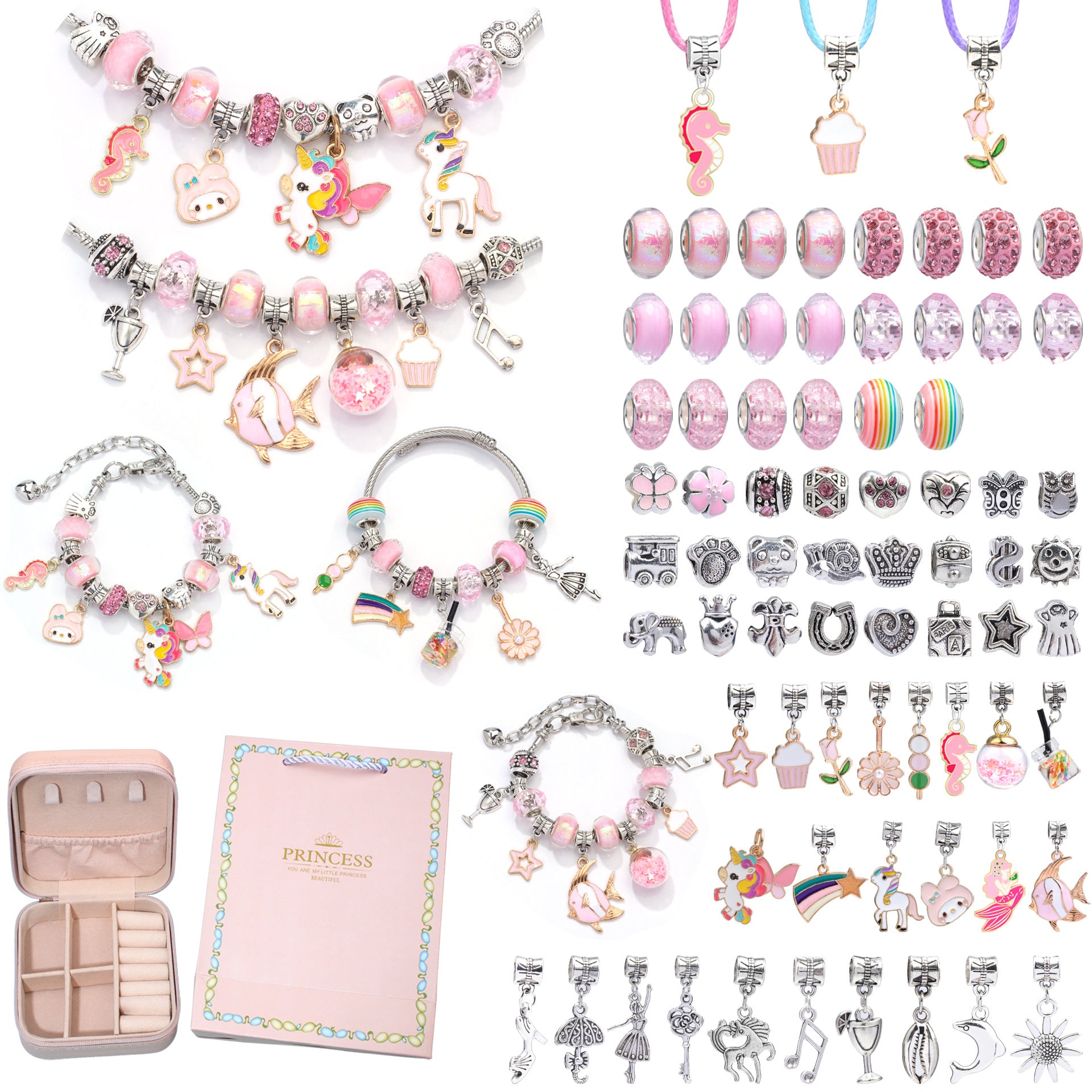 DIY Charm Bracelet Making Kit - Colorful Beads and Charms Set with Storage Box 76PCS