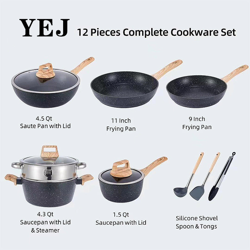 YEJ 12-Piece Non-Stick Complete Cookware Set | Pots, Pans & Utensils Black