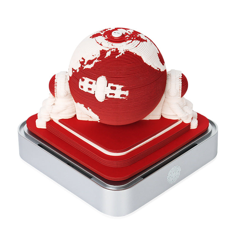 The Earth 3D Paper Sculpture Night Light with Notepad, Silver Base - Elegant Gift Set for Home and Office Red
