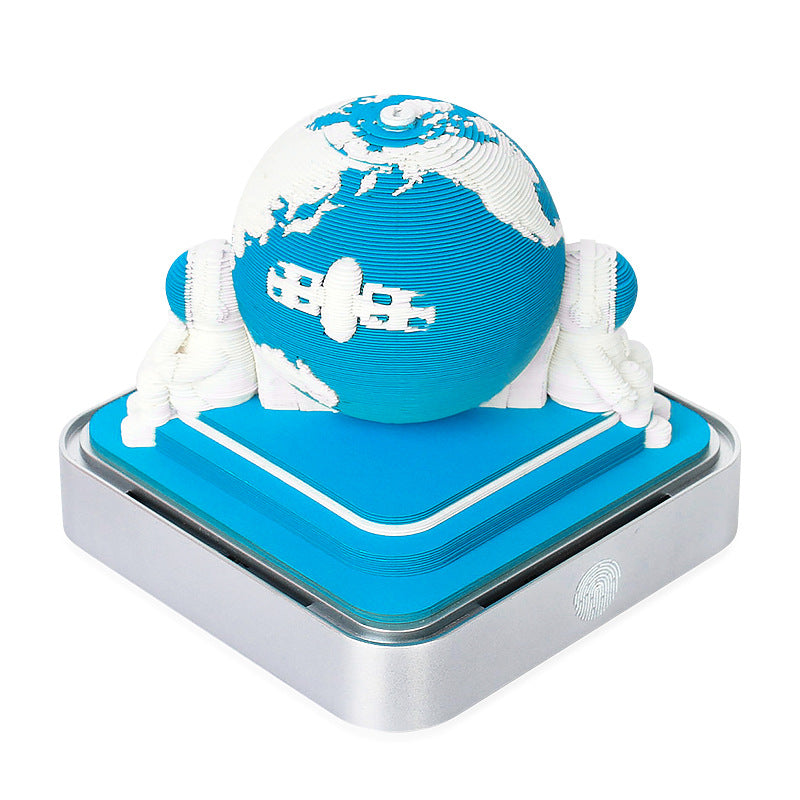 The Earth 3D Paper Sculpture Night Light with Memo Pad, Silver Base - Elegant Gift Set for Home & Office Blue