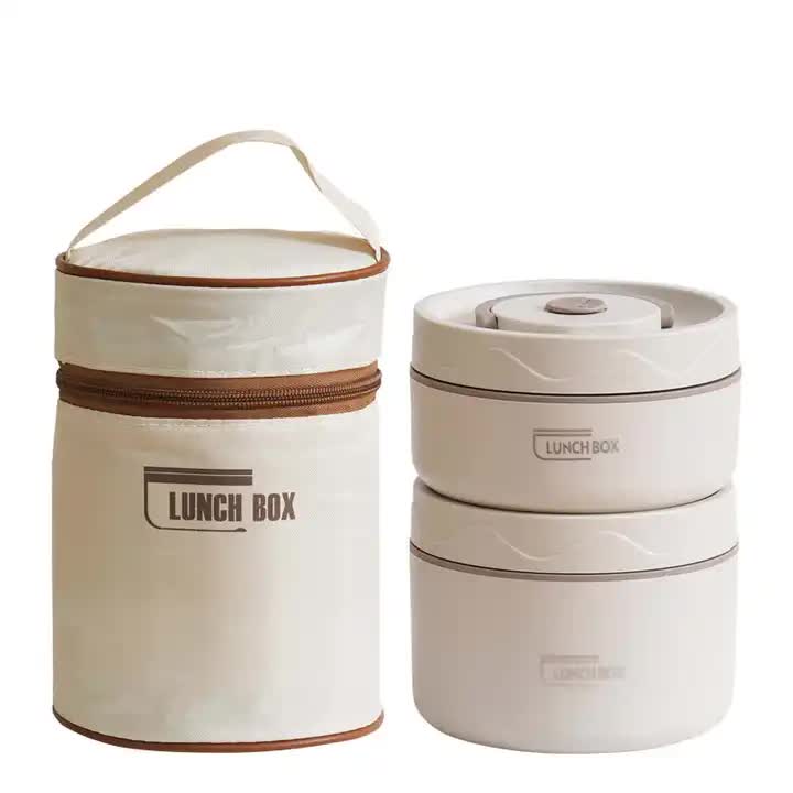 Beige 304 Stainless Steel Microwave-Safe Lunch Box Set 2-Pack with Insulated Bag, Removable liner, 400+600ML
