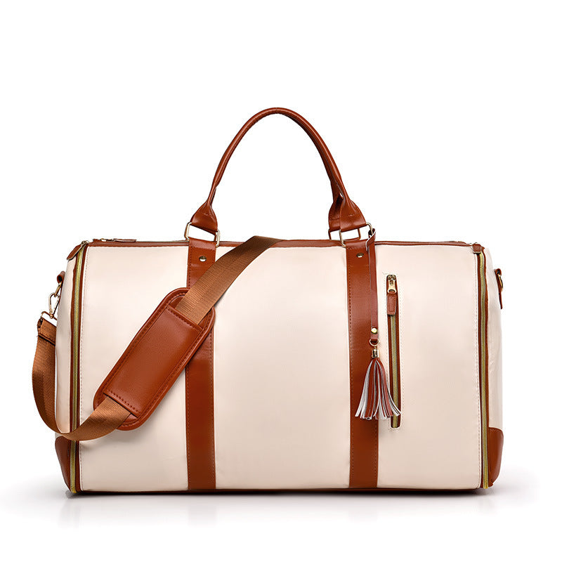 White And Brown PU Leather Foldable Garment Bag, Women's Travel Duffel with Suit Carrier, Multi-Function Storage