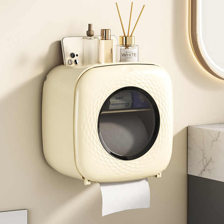 Light Yellow Wall-Mounted Bathroom Tissue Box - Waterproof Paper Towel Dispenser with Storage Shelf, No-Drill Design Tissue box only