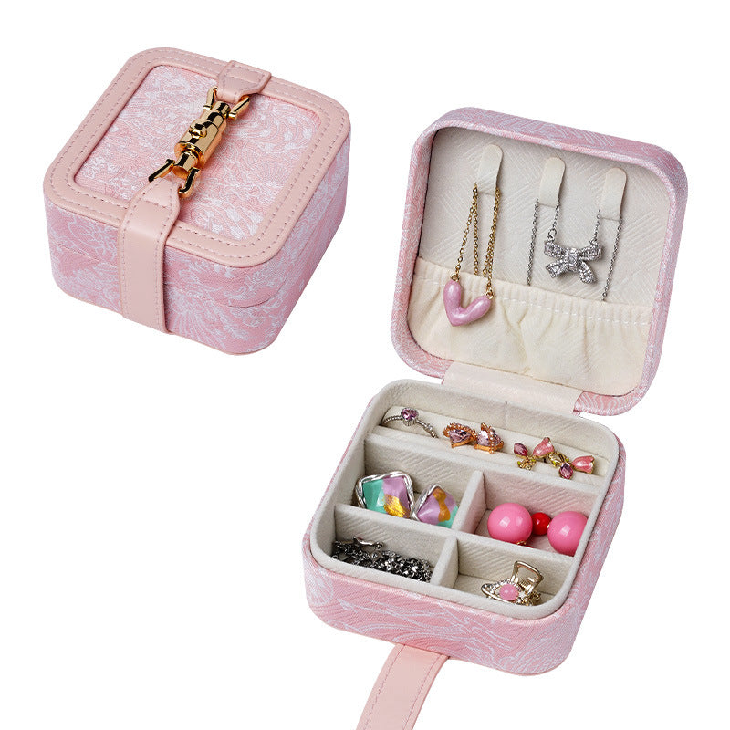 Pink Portable Vintage Embossed Jewelry Box - Flip-Top Necklace, Ring, and Earring Organizer with Elegant Design The Jewelry is a prop for the photo shoot and is not included