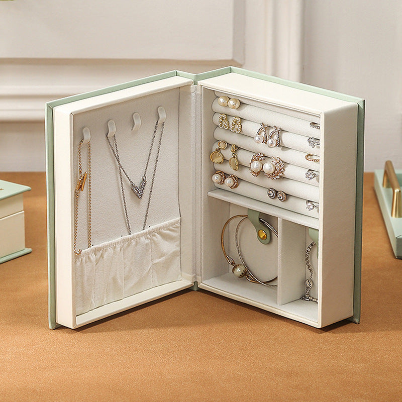 Light Green Creative PU Jewelry Storage Book - Magnetic Closure Organizer for Earrings, Rings, and Necklaces The Jewelry is a prop for the photo shoot and is not included