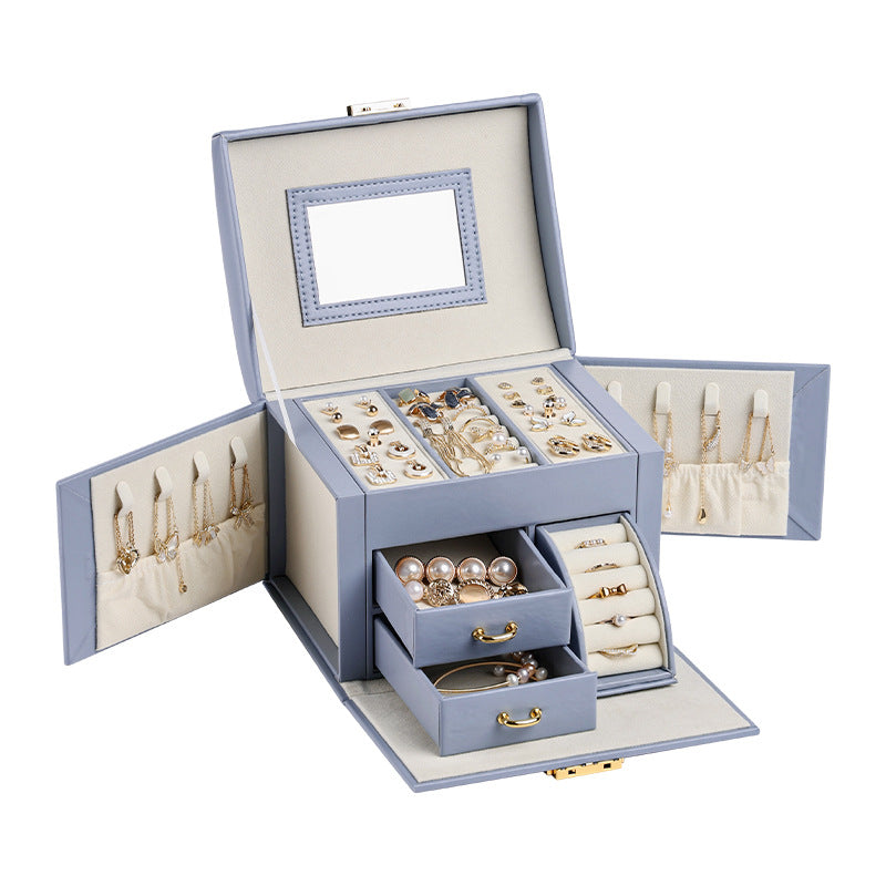 Light Blue Luxury PU Leather Jewelry Storage Box - 3-Tier Organizer with Mirror for Necklaces, Earrings, and Rings Jewelry is a photo prop and is not included
