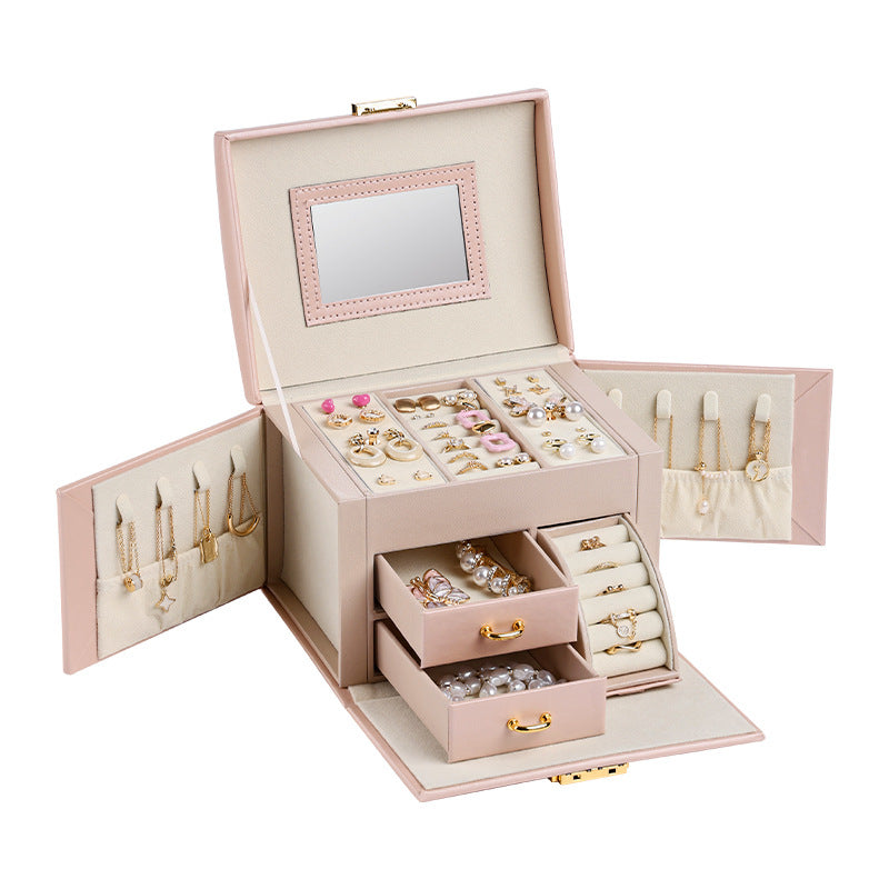 Light Pink Luxury PU Leather Jewelry Storage Box - 3-Tier Organizer with Mirror for Necklaces, Earrings, and Rings Jewelry is a photo prop and is not included