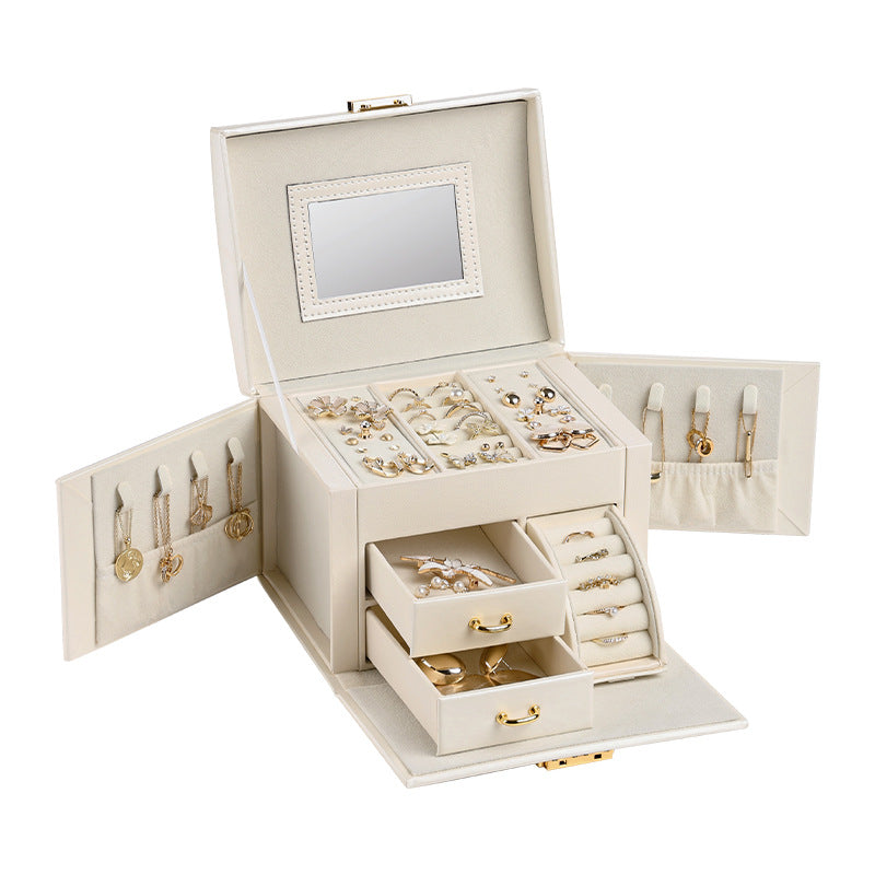 White Luxury PU Leather Jewelry Storage Box - 3-Tier Organizer with Mirror for Necklaces, Earrings, and Rings Jewelry is a photo prop and is not included