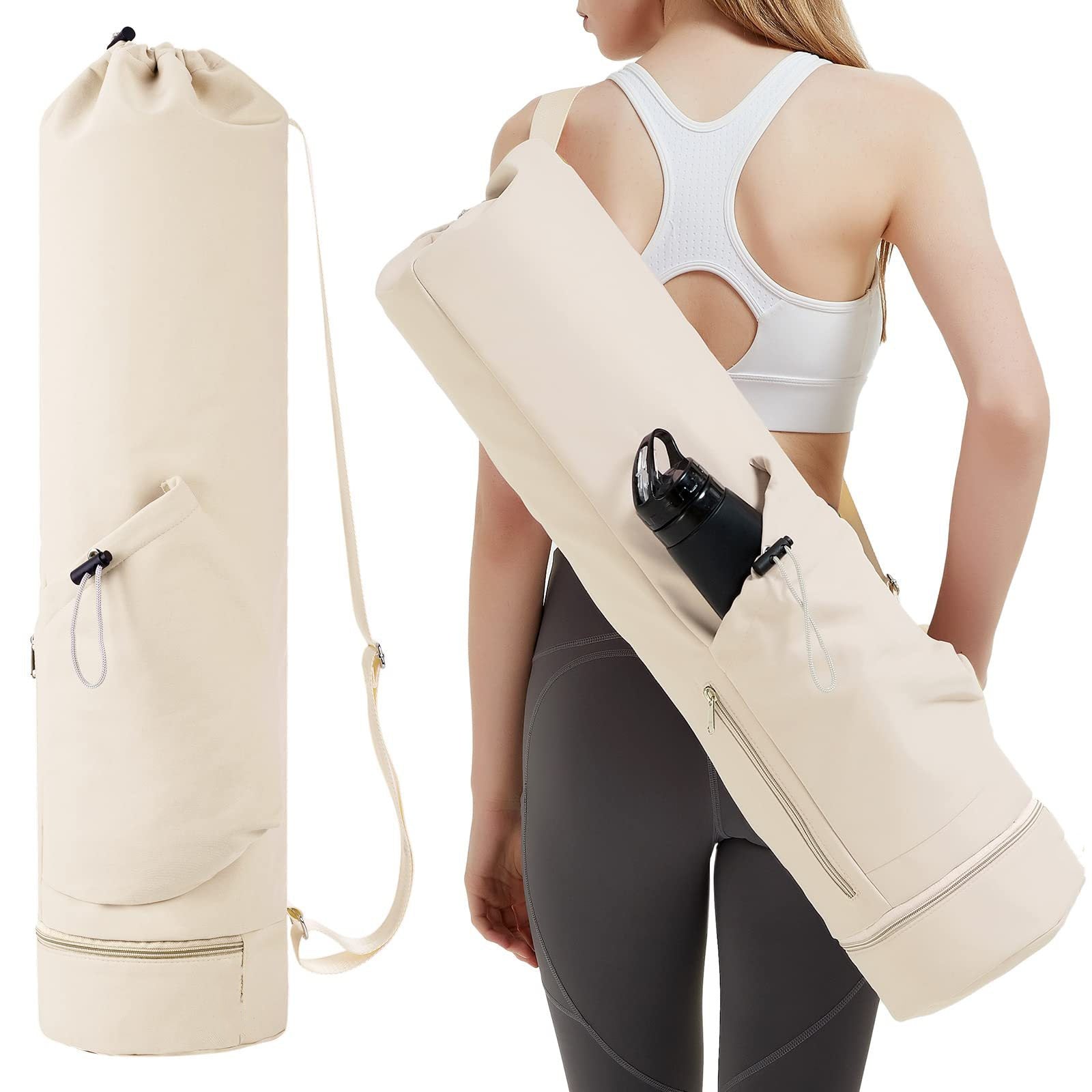 Off White Durable Yoga Mat Carry Bag - Multi-Functional Fitness Backpack with Wet Pocket Mugs are filming props, not included
