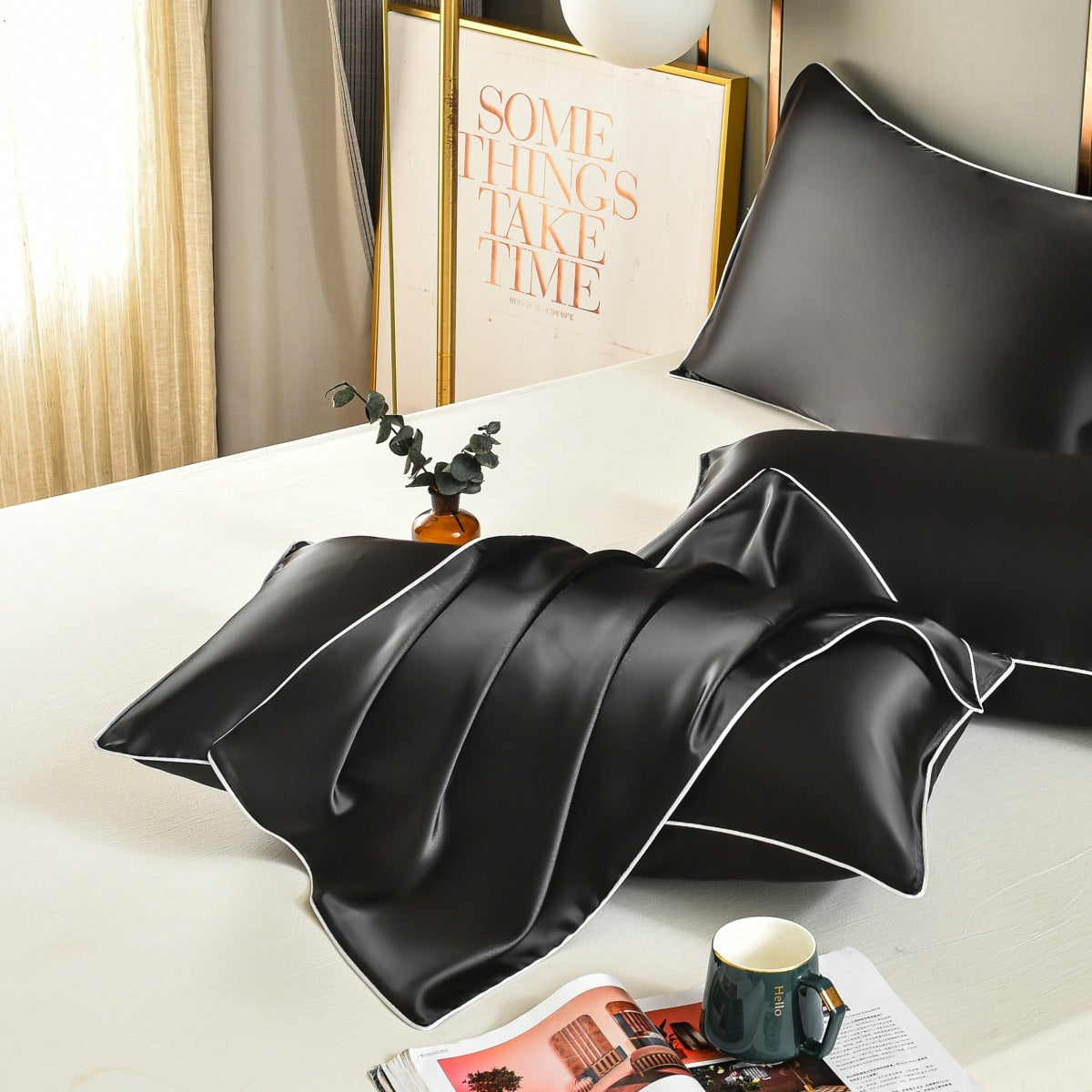 Black Luxury Double-Sided Satin Silk Pillowcase - Summer Cooling Polyester Pillow Cover Set Without Pillow Core