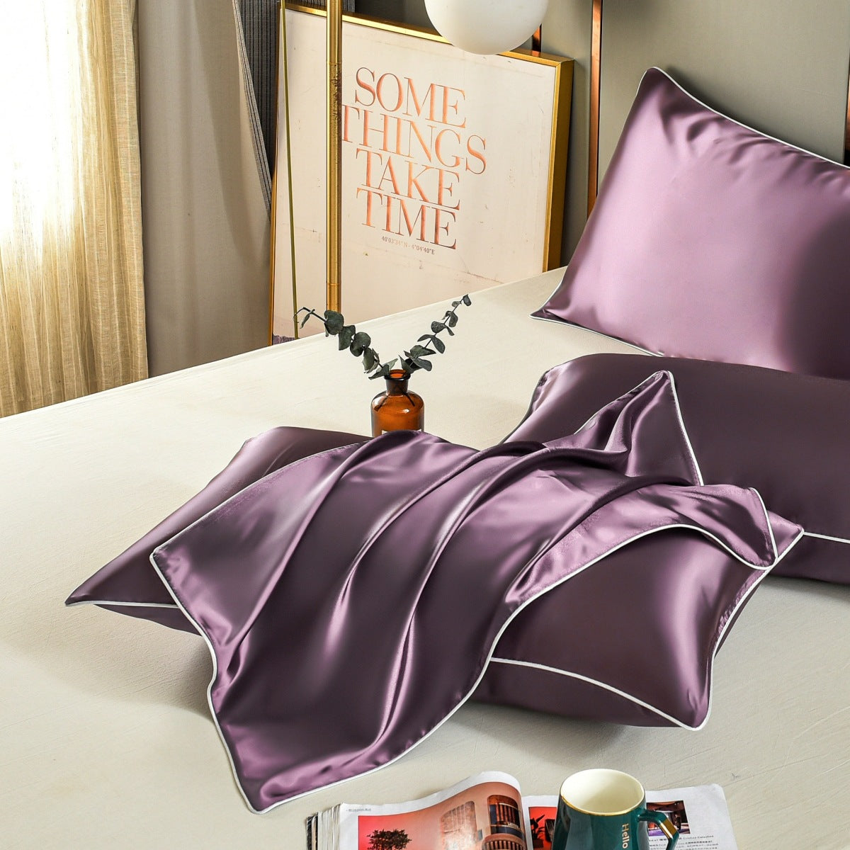 Purple Luxury Double-Sided Satin Silk Pillowcase - Summer Cooling Polyester Pillow Cover Set Without Pillow Core