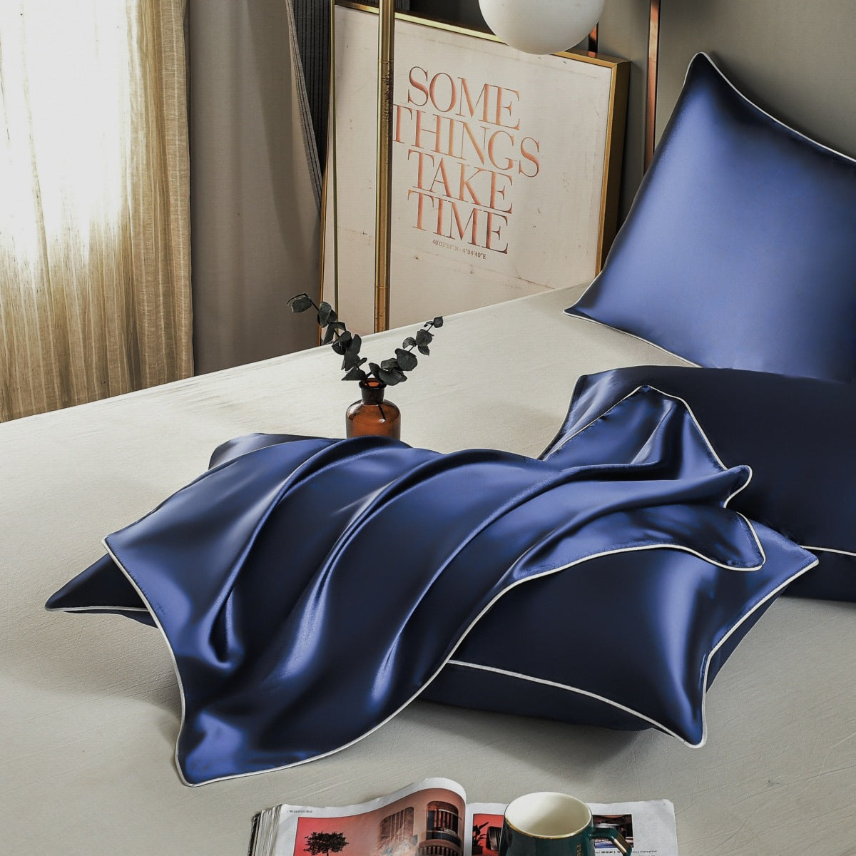Dark Blue Luxury Double-Sided Satin Silk Pillowcase - Summer Cooling Polyester Pillow Cover Set Without Pillow Core