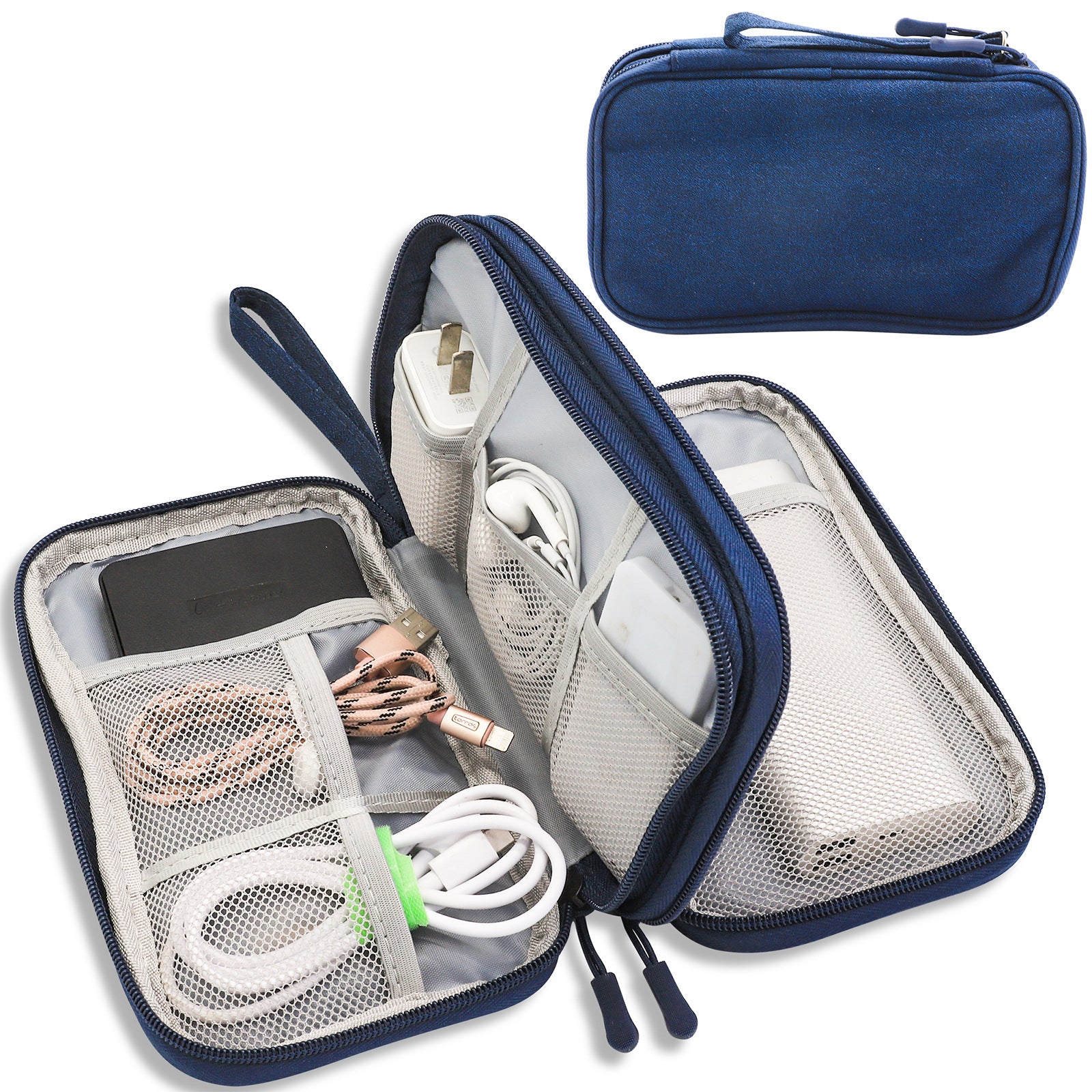 Dark Blue Portable Digital Organizer Bag - Multifunctional Storage for Power Banks, Cables, and Accessories Photography Props Not Included