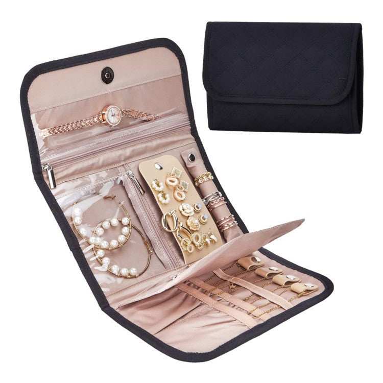 Black Portable Travel Jewelry Organizer Roll - Foldable Jewelry Storage Pouch for Earrings, Rings, and Necklaces Jewellery is a shooting prop and is not included