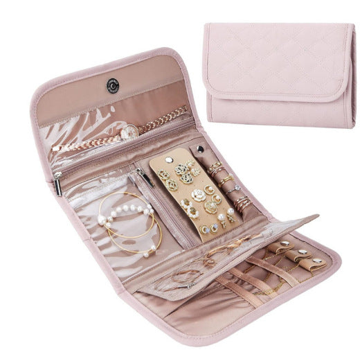 Pink Portable Travel Jewelry Organizer Roll - Foldable Jewelry Storage Pouch for Earrings, Rings, and Necklaces Jewellery is a shooting prop and is not included