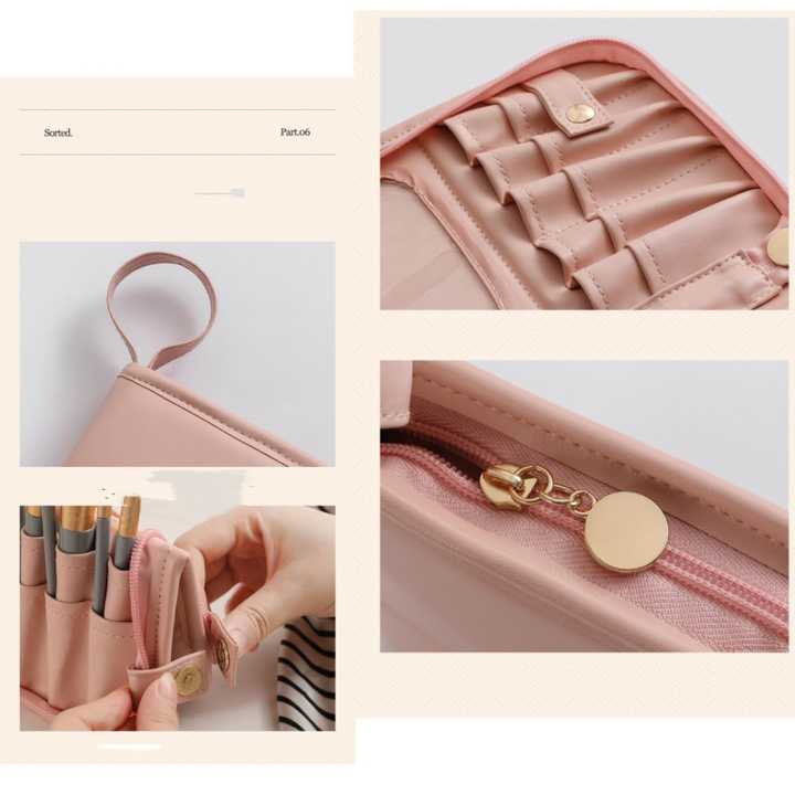 Pink Portable Shell Makeup Brush Storage Bag - Multi-Functional PU Cosmetic Organizer with Button Closure, Convertible to Stand Design Make-up brushes are filming props, not included