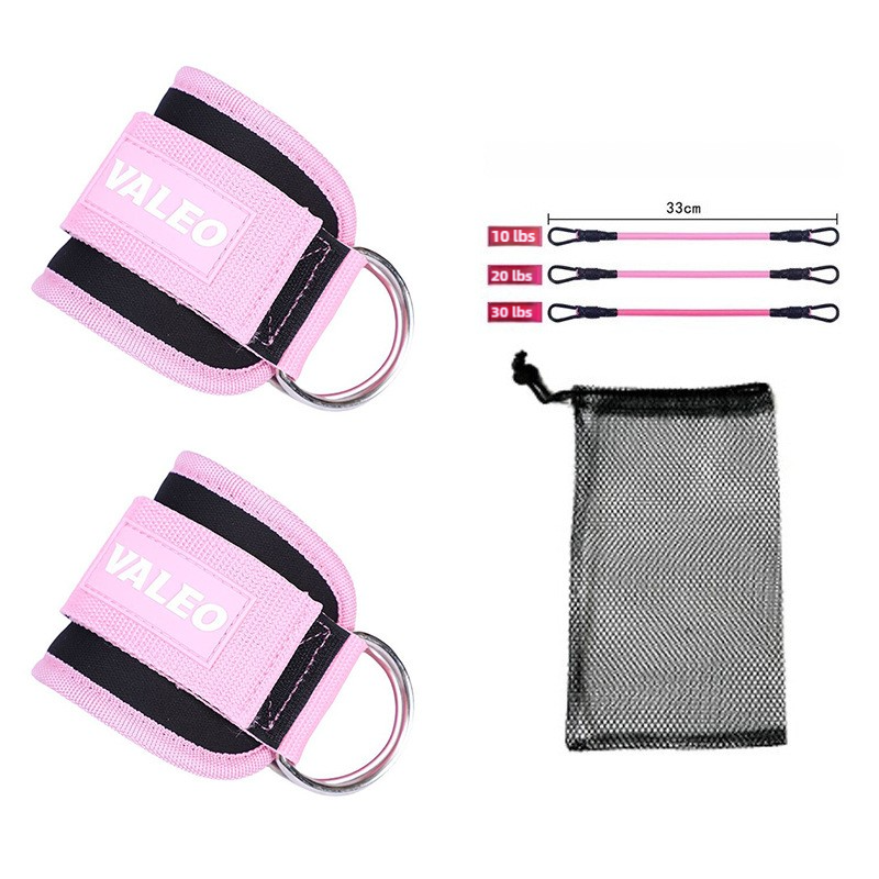 Pink Set 2 Ankle Straps + 3 elastic ropes + 1 mesh bag Adjustable Ankle Straps for Leg and Glute Training - EVA Padded Gym Foot Straps