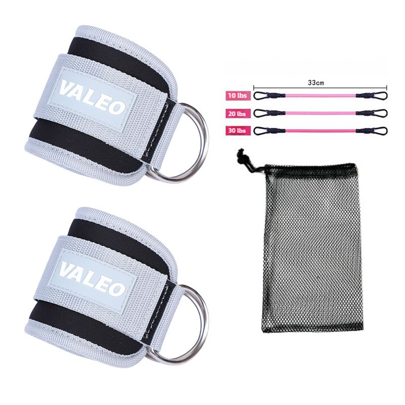 Grey Set 2 Ankle Straps + 3 elastic ropes + 1 mesh bag Adjustable Ankle Straps for Leg and Glute Training - EVA Padded Gym Foot Straps