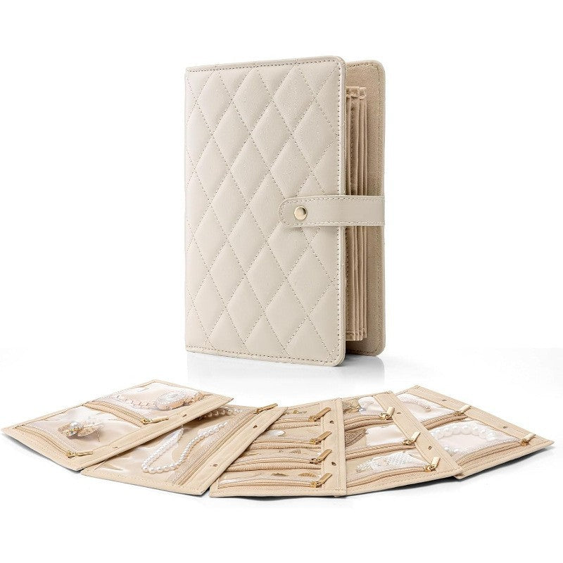1 Piece Off White Luxury Leather Loose-Leaf Jewelry Organizer - Portable Large-Capacity Storage Book for Earrings and Necklaces Jewellery is a shooting prop and is not included