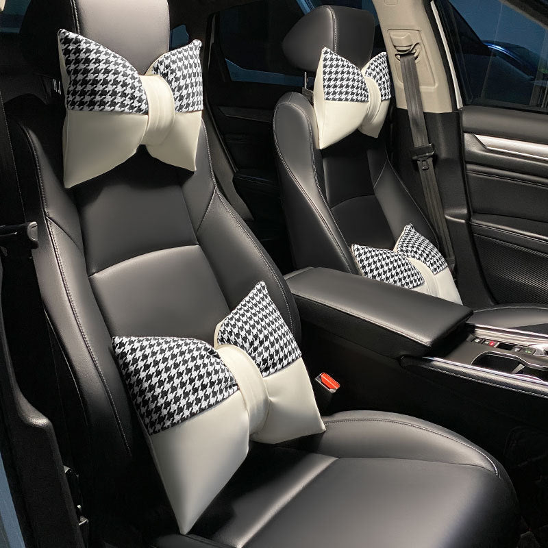 1 Pair Headrest + Pillow White Cute Bowtie Car Headrest Pillow and Waist Cushion Set, Stylish Houndstooth Design, Soft Neck and Back Support for Car Interior