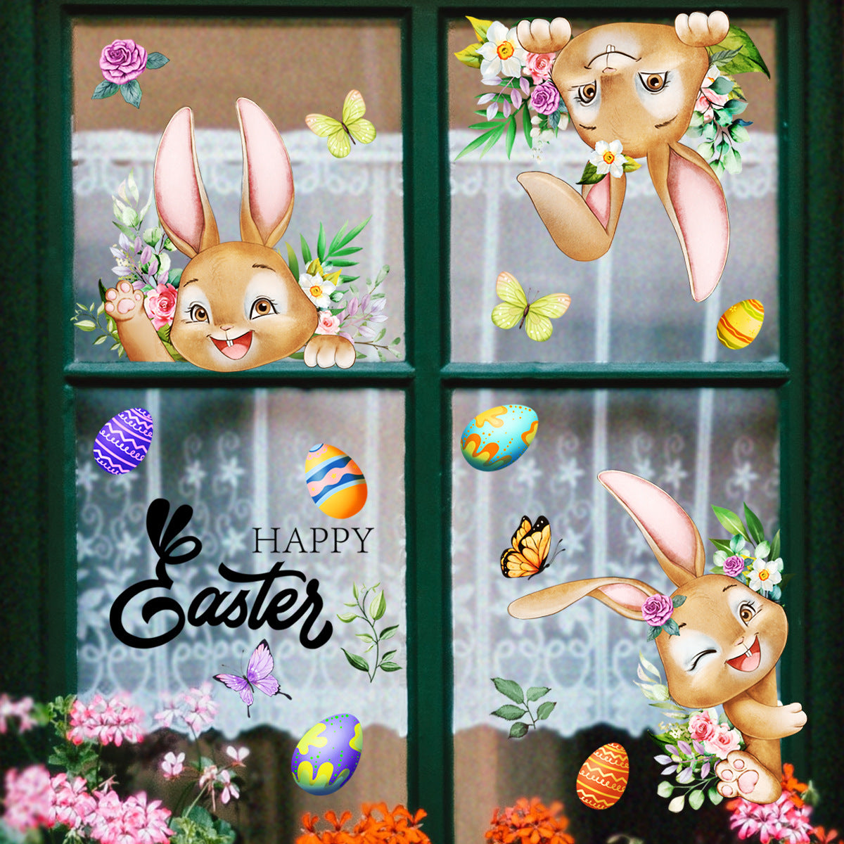 3 Sheet, Creative Easter Bunny & Egg Window Decal - Adhesive Wall Stickers for Living Room & Bedroom 60cm x 30cm