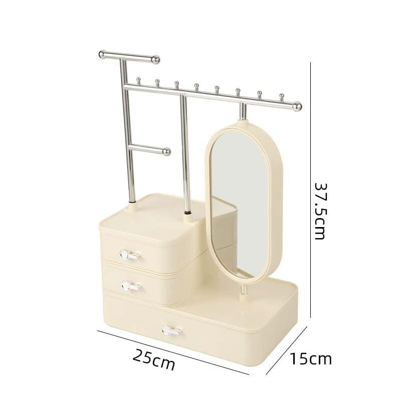 Elegant Cream Color Jewelry Organizer with Mirror - Multi-Layer Storage & Display Stand 25x15x37.5cm