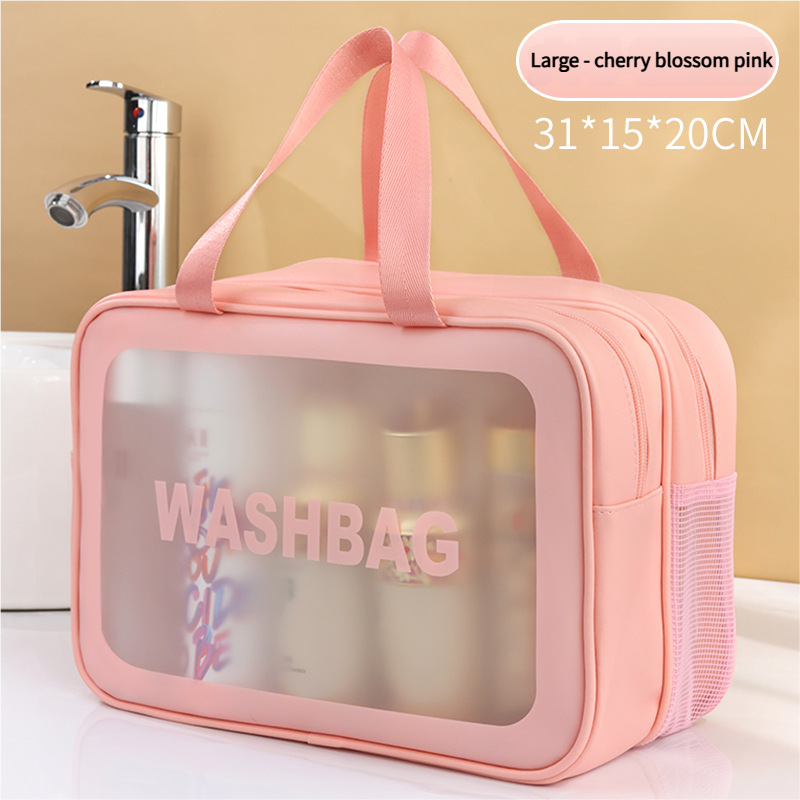 2PCS Dual-Layer Transparent PU Cosmetic Pouch - Wet and Dry Separation, Large size 31*15*20cm - Pink