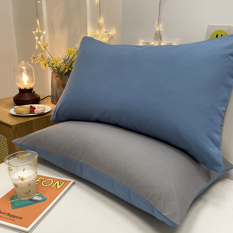 Dark Blue And Grey Washed Cotton Pillowcase Set - Solid Color, Simple Two-Tone Design, 48x74cm Pair