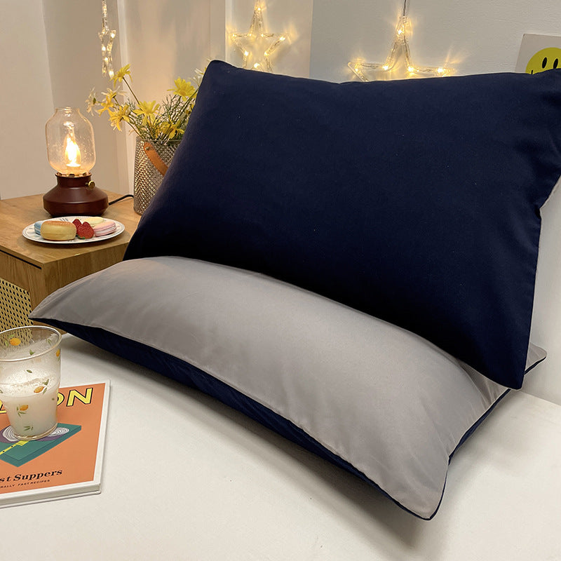 Navy And Grey Washed Cotton Pillowcase Set - Solid Color, Simple Two-Tone Design, 48x74cm Pair