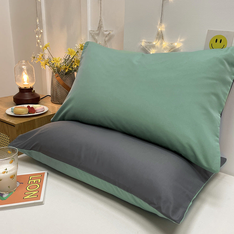 Green And Grey Washed Cotton Pillowcase Set - Solid Color, Simple Two-Tone Design, 48x74cm Pair