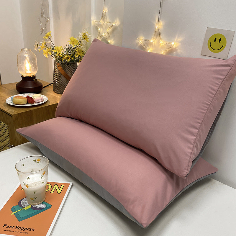 Pink And Grey Washed Cotton Pillowcase Set - Solid Color, Simple Two-Tone Design, 48x74cm Pair