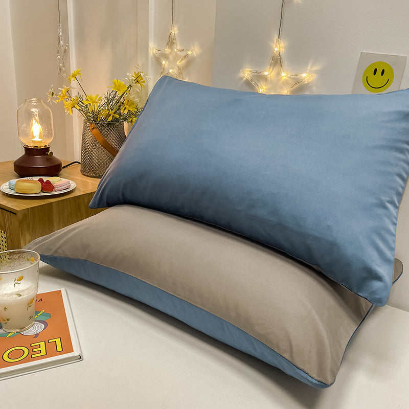 Light Blue And Grey Washed Cotton Pillowcase Set - Solid Color, Simple Two-Tone Design, 48x74cm Pair