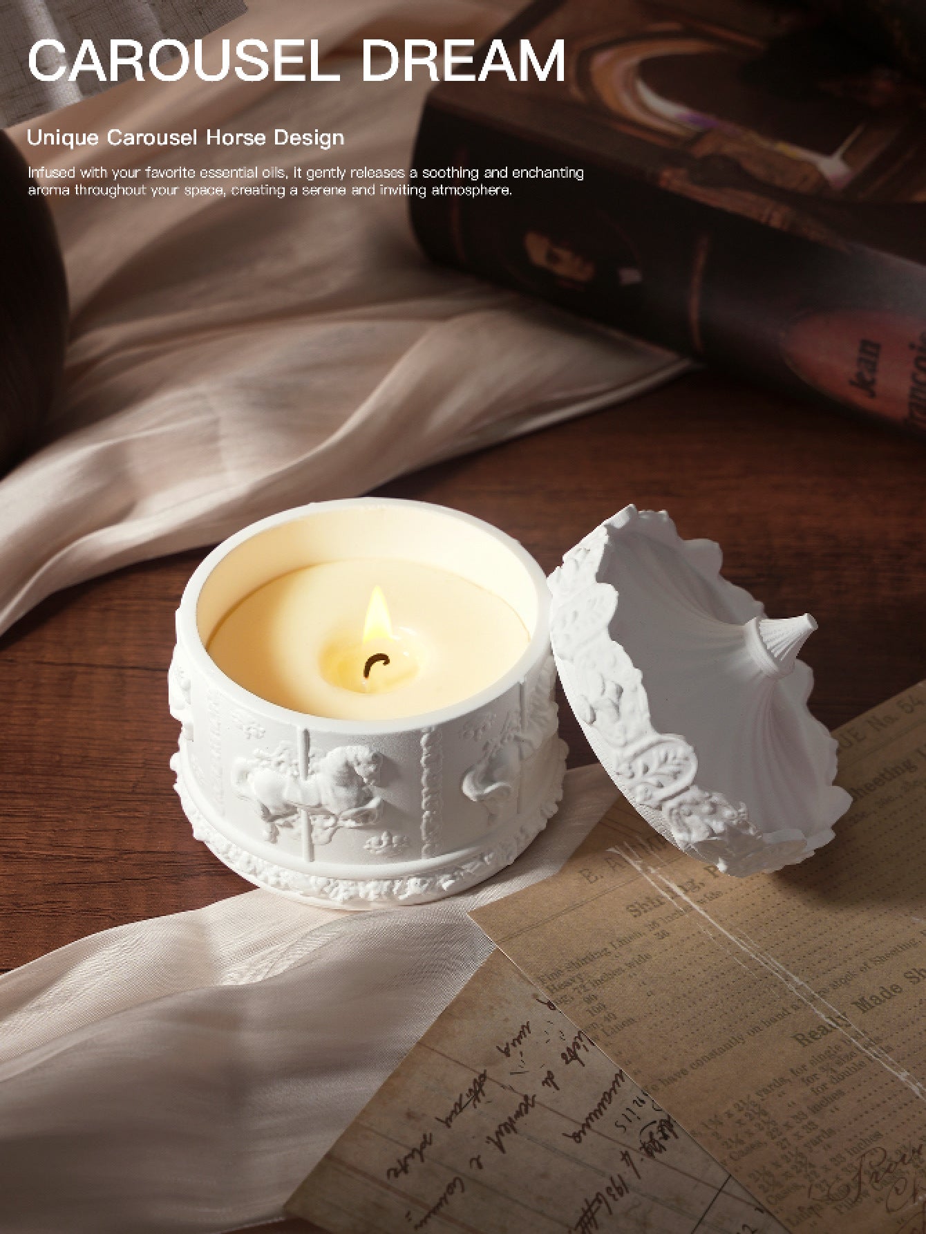 White Peach Oolong Rotating Carousel Soy Candle - Unique Home Decor & Gift