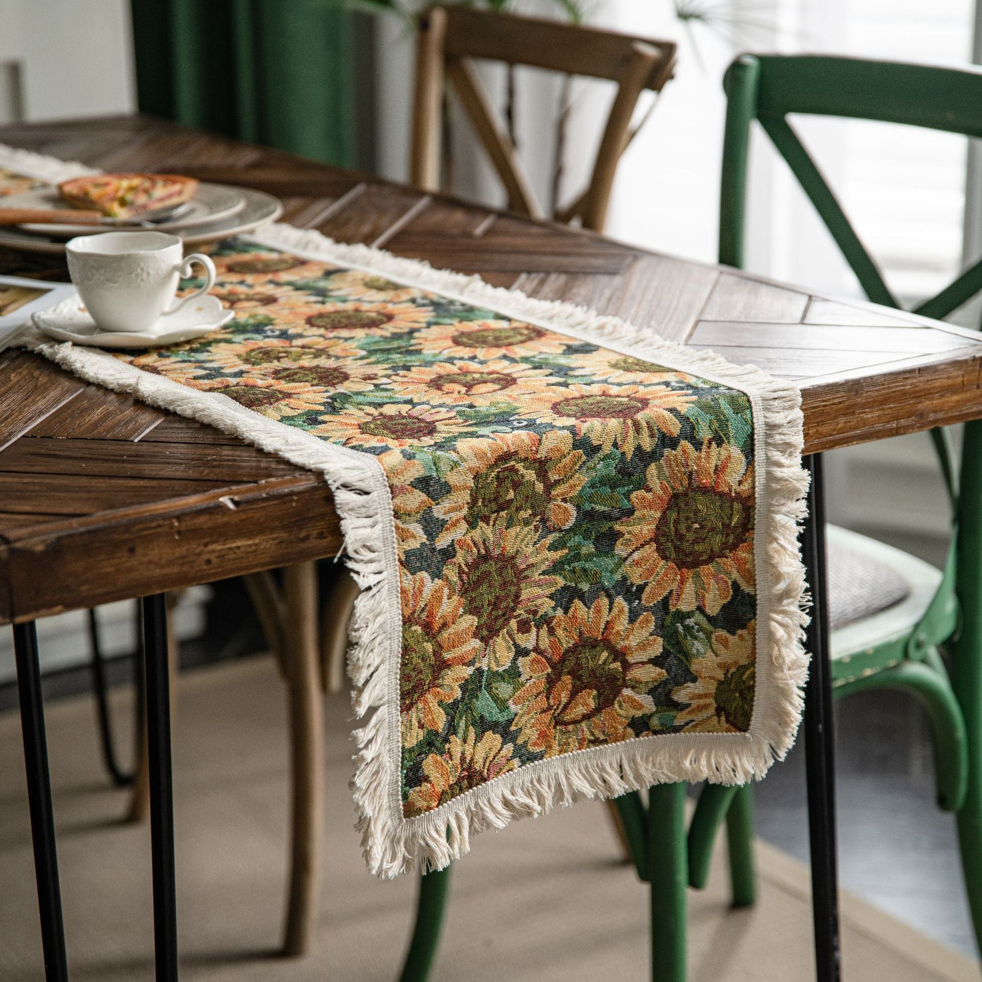 2 PCS Sunflower Table Runner with Fringe - Jacquard Woven Cotton Blend 30x120cm