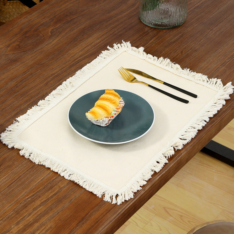 4 PCS Beige Cotton Linen Placemat with Fringe - Solid Color Table Mat for Dining 30x30cm