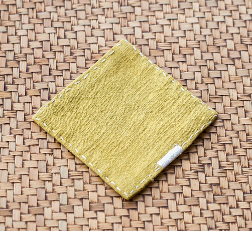 Yellow Chinese Style Linen Coasters - Set of 4, Hand-Embroidered Tea Mats 9x9cm