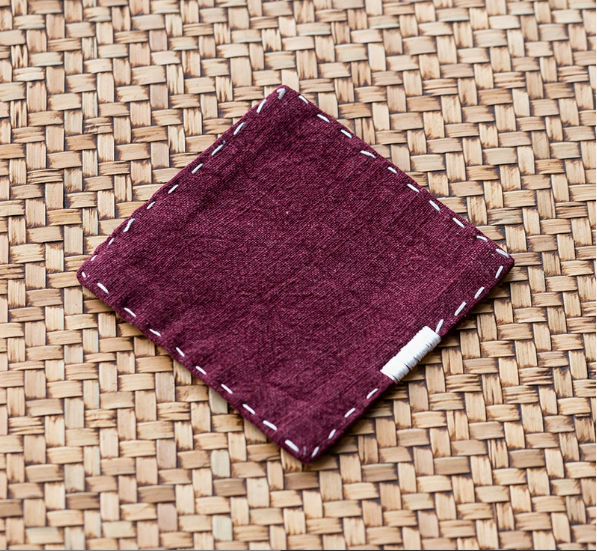 Purple Red Chinese Style Linen Coasters - Set of 4, Hand-Embroidered Tea Mats 9x9cm