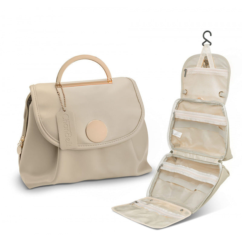 Beige Stylish Travel Makeup Organizer Bag with Hanging Hook - Waterproof & Spacious Design