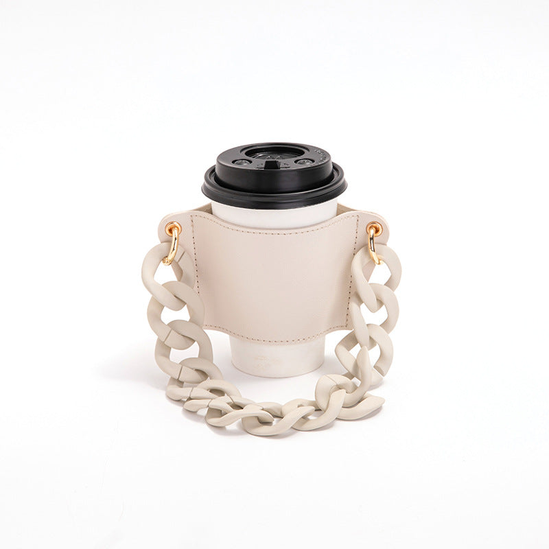 2 Pcs Beige Detachable Chain Coffee Cup Sleeve - PU Leather Insulated Cup Holder with Handle, 16cm Top, 70g Cup not included, only cup sleeve and chain