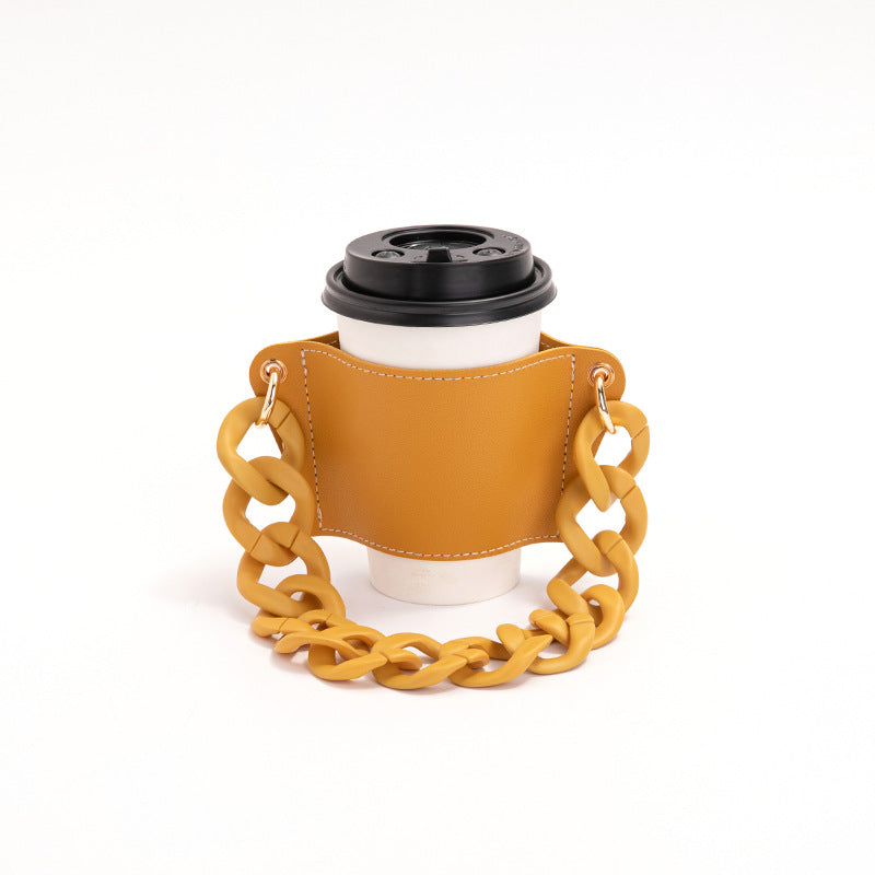2 Pcs Yellow Detachable Chain Coffee Cup Sleeve - PU Leather Insulated Cup Holder with Handle, 16cm Top, 70g Cup not included, only cup sleeve and chain