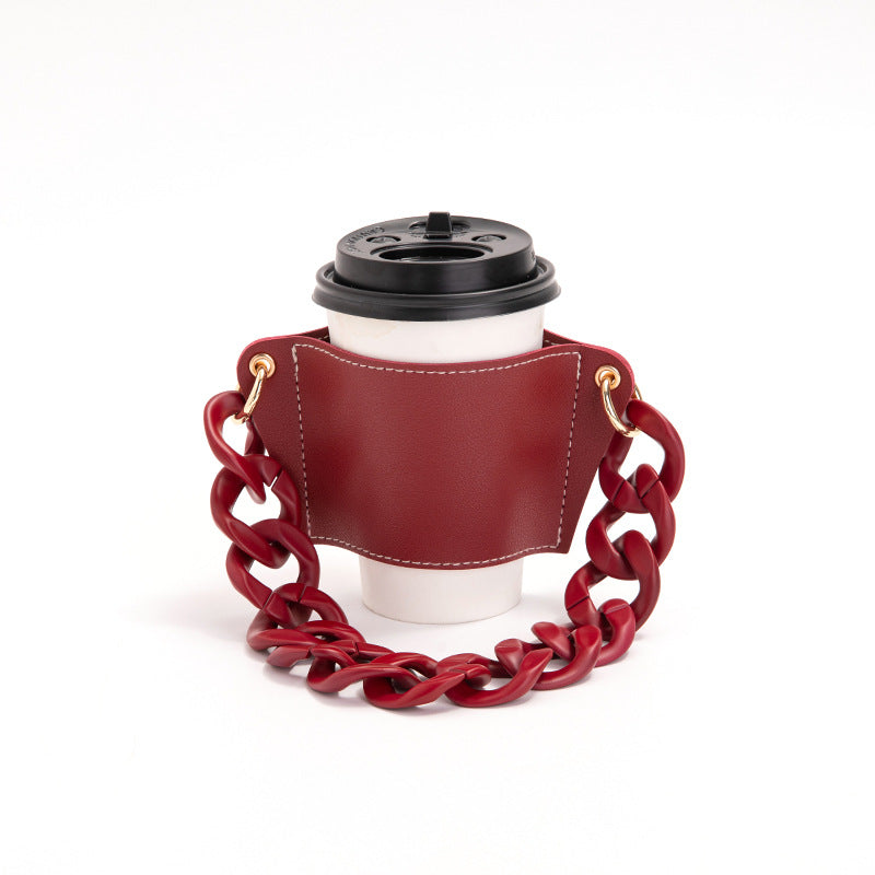 2 Pcs Red Detachable Chain Coffee Cup Sleeve - PU Leather Insulated Cup Holder with Handle, 16cm Top, 70g Cup not included, only cup sleeve and chain