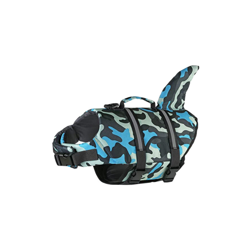 Size XS Blue Camouflage Pattern Pet Life Jacket for Dogs - Summer Swimming Safety Vest with Shark Fin for Small to Large Breeds