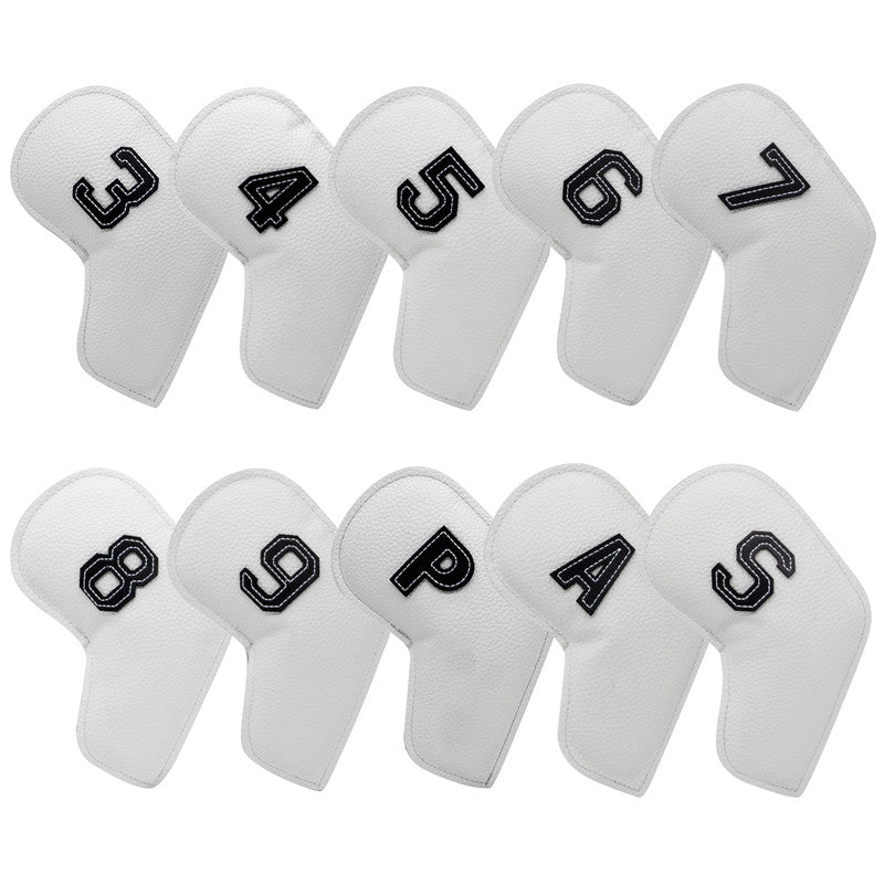 White Golf Iron Head Covers Set of 10 - Waterproof PU Leather Club Protectors with Embroidered Numbers 3-9, P, A, S
