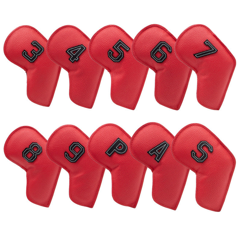 Red Golf Iron Head Covers Set of 10 - Waterproof PU Leather Club Protectors with Embroidered Numbers 3-9, P, A, S