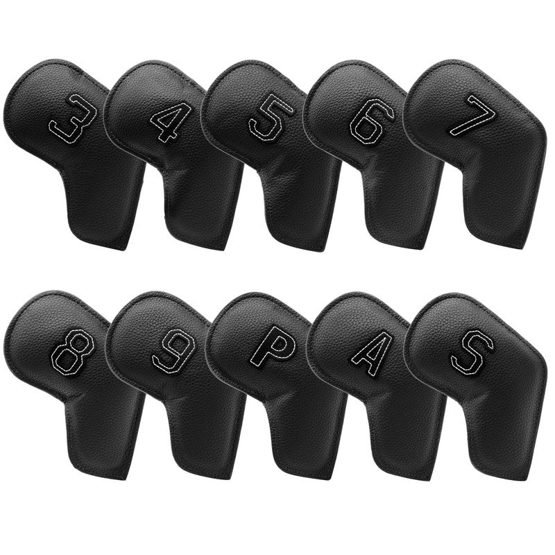 Black Golf Iron Head Covers Set of 10 - Waterproof PU Leather Club Protectors with Embroidered Numbers 3-9, P, A, S