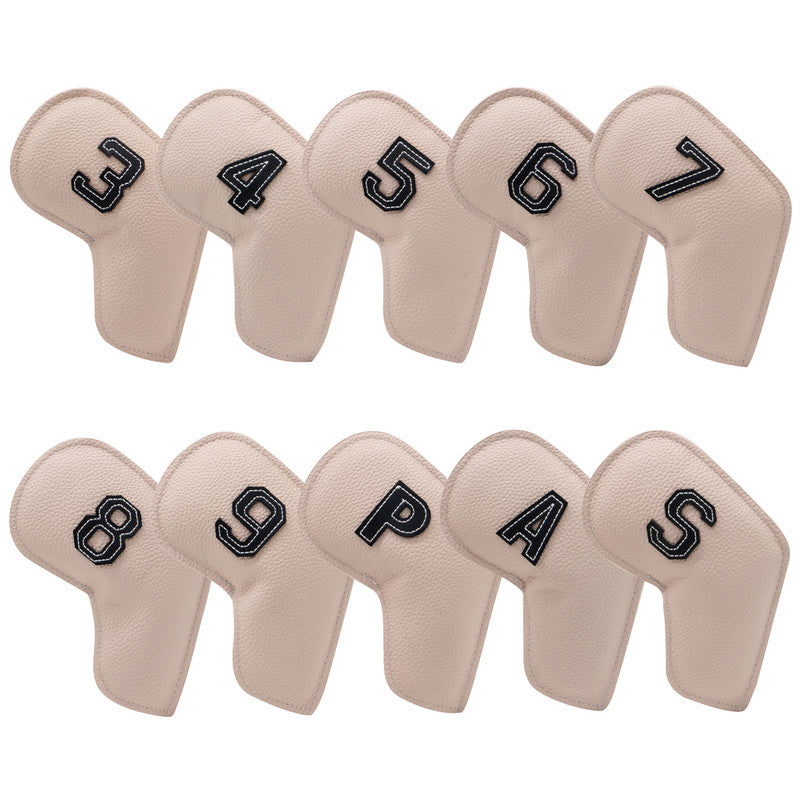 Beige Golf Iron Head Covers Set of 10 - Waterproof PU Leather Club Protectors with Embroidered Numbers 3-9, P, A, S